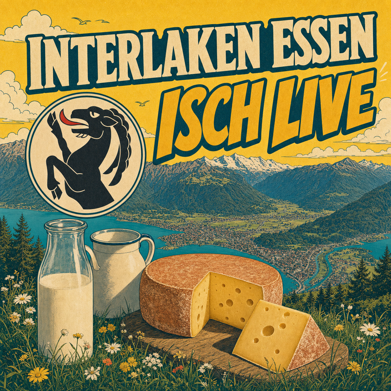 Illustrierts Interlaken-Panorama mit Milch, Chäs, em Geissbock und em Text Interlaken Essen isch live.